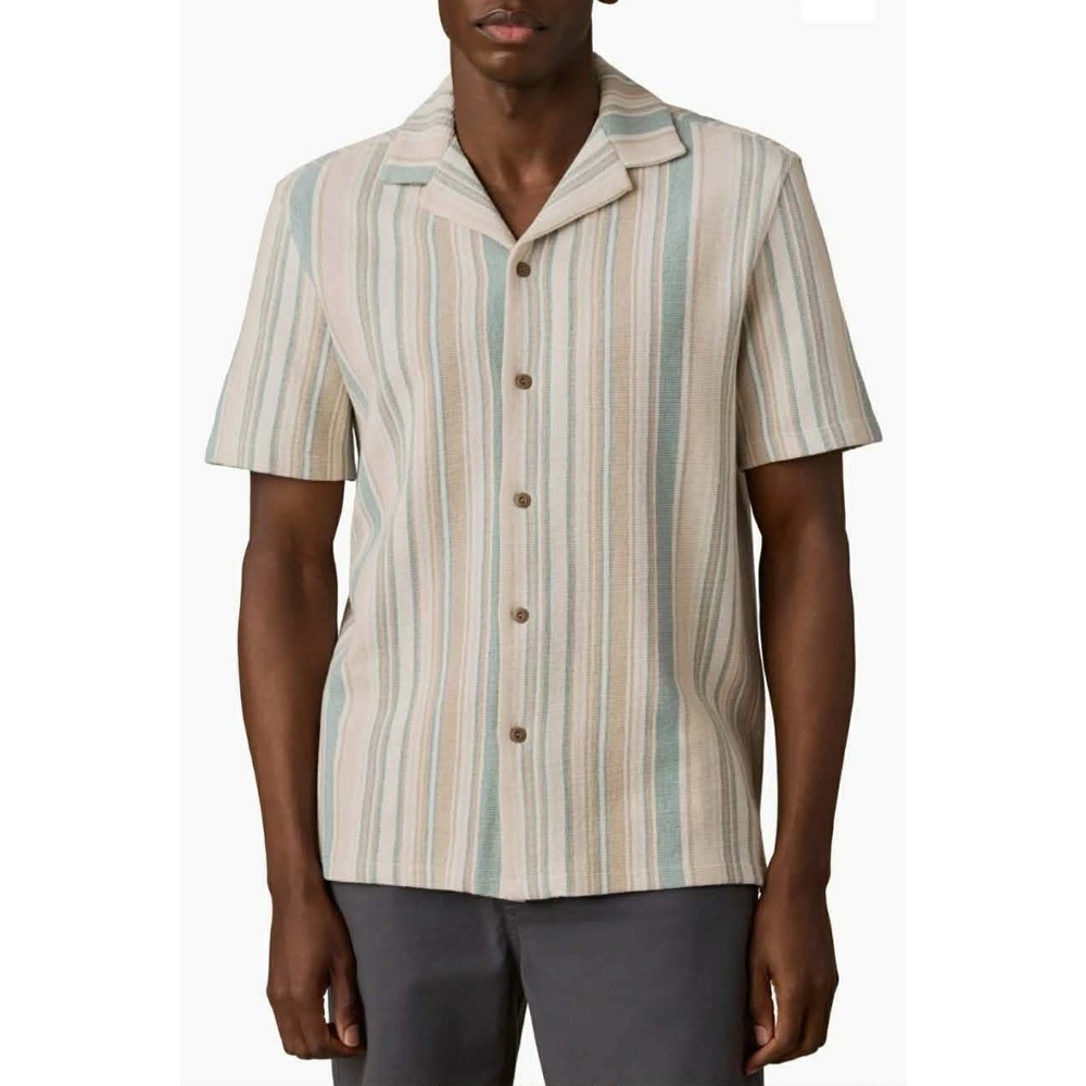 Faherty Short Sleeve Oasis Camp Shirt Organic Cotton Medium Teal Cliff Stripe